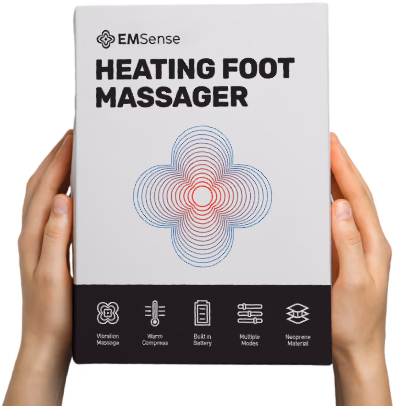 EMSense Heating Foot Massager box, held in two hands